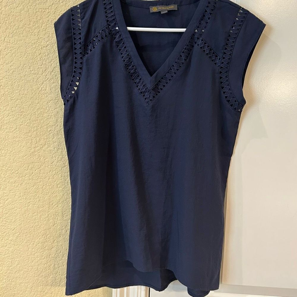 Outback Red blouse in navy‎ with decorative cutout design in size small